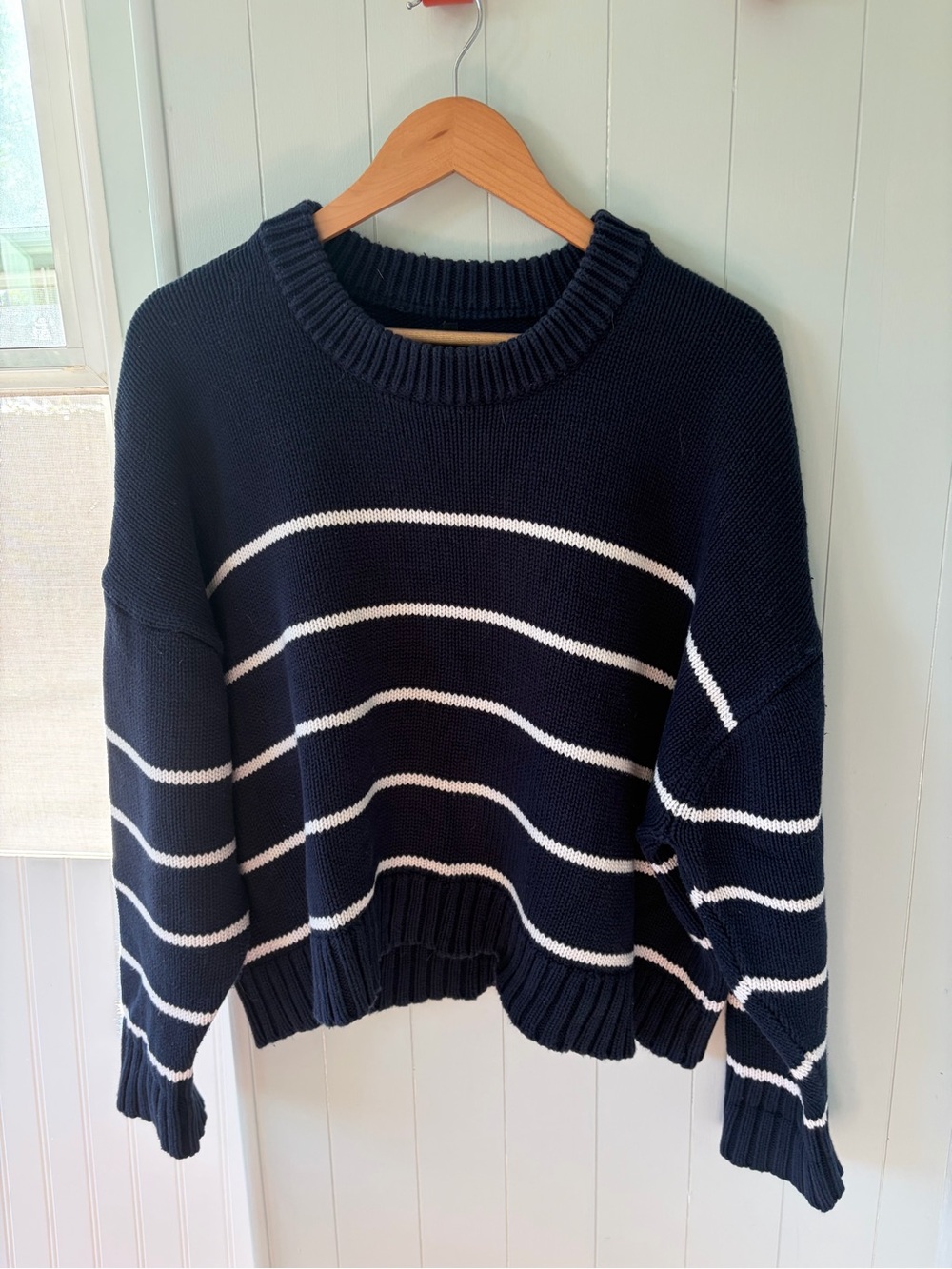 Quince Navy and White Striped Crewneck Sweater